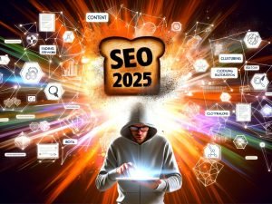 Editorial-Visual zu SEO 2025: Vorne ein vertrockneter Toast mit verblassten Keywords, dahinter eine bunte Explosion digitaler Icons und Formen, ein Mensch im Hoodie skizziert Ideen auf einem Tablet.