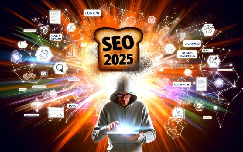 Editorial-Visual zu SEO 2025: Vorne ein vertrockneter Toast mit verblassten Keywords, dahinter eine bunte Explosion digitaler Icons und Formen, ein Mensch im Hoodie skizziert Ideen auf einem Tablet.