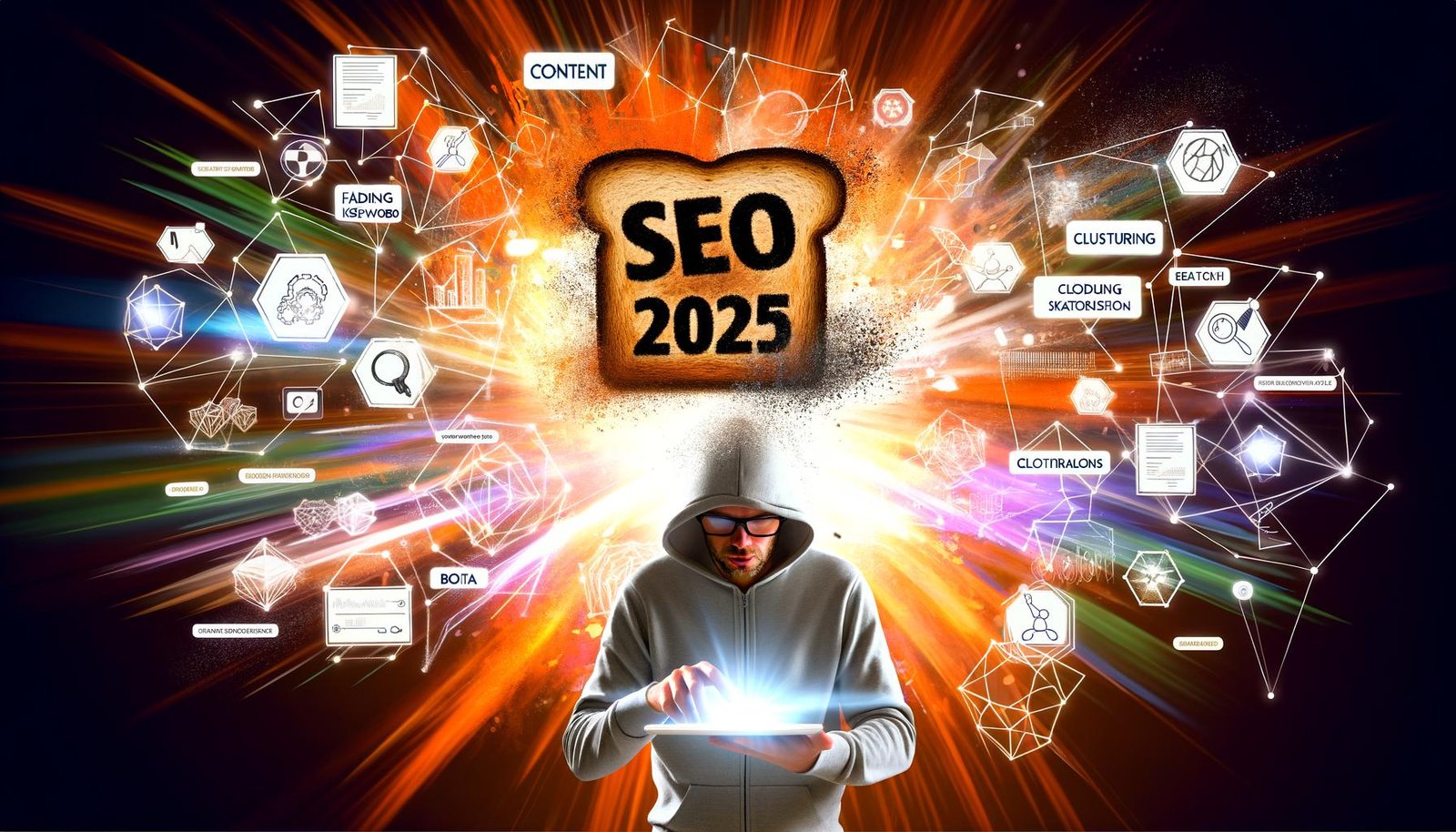 Editorial-Visual zu SEO 2025: Vorne ein vertrockneter Toast mit verblassten Keywords, dahinter eine bunte Explosion digitaler Icons und Formen, ein Mensch im Hoodie skizziert Ideen auf einem Tablet.