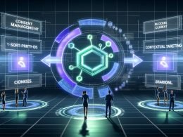 Futuristische Marketing-Steuerzentrale mit schwebenden Datenpanels zu Themen wie Consent Management, First-Party-IDs, NLP und Contextual Targeting. Marketer arbeiten an holografischen Dashboards, Plista-Chip verbindet kontextuelle Daten in sicherer Umgebung.