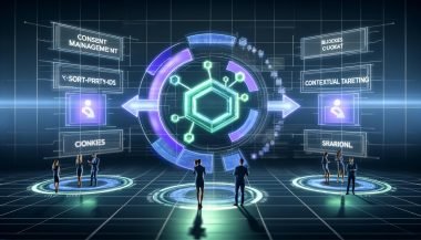 Futuristische Marketing-Steuerzentrale mit schwebenden Datenpanels zu Themen wie Consent Management, First-Party-IDs, NLP und Contextual Targeting. Marketer arbeiten an holografischen Dashboards, Plista-Chip verbindet kontextuelle Daten in sicherer Umgebung.