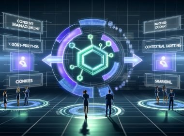 Futuristische Marketing-Steuerzentrale mit schwebenden Datenpanels zu Themen wie Consent Management, First-Party-IDs, NLP und Contextual Targeting. Marketer arbeiten an holografischen Dashboards, Plista-Chip verbindet kontextuelle Daten in sicherer Umgebung.