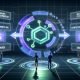 Futuristische Marketing-Steuerzentrale mit schwebenden Datenpanels zu Themen wie Consent Management, First-Party-IDs, NLP und Contextual Targeting. Marketer arbeiten an holografischen Dashboards, Plista-Chip verbindet kontextuelle Daten in sicherer Umgebung.