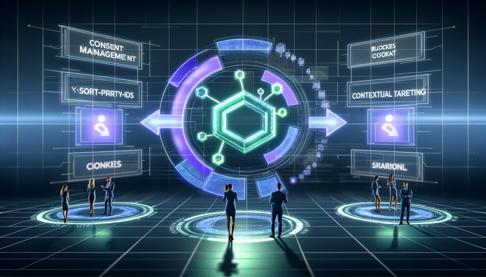 Futuristische Marketing-Steuerzentrale mit schwebenden Datenpanels zu Themen wie Consent Management, First-Party-IDs, NLP und Contextual Targeting. Marketer arbeiten an holografischen Dashboards, Plista-Chip verbindet kontextuelle Daten in sicherer Umgebung.