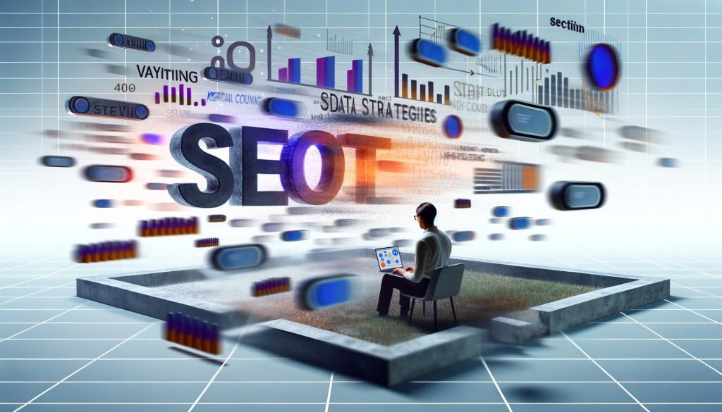 Fokussierter Marketer vor Laptop mit Analytics-Grafik, umgeben von digitalen Keyword-Elementen und Content-Strukturen in moderner, minimalistischer Arbeitsumgebung.