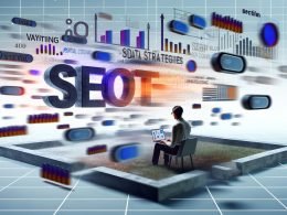 Fokussierter Marketer vor Laptop mit Analytics-Grafik, umgeben von digitalen Keyword-Elementen und Content-Strukturen in moderner, minimalistischer Arbeitsumgebung.