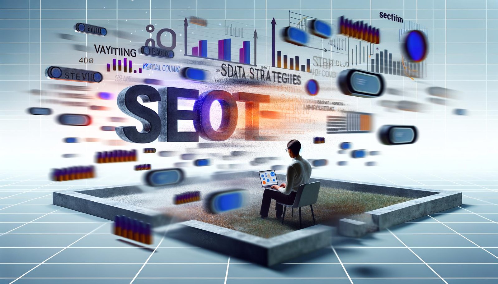 Fokussierter Marketer vor Laptop mit Analytics-Grafik, umgeben von digitalen Keyword-Elementen und Content-Strukturen in moderner, minimalistischer Arbeitsumgebung.