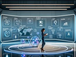 Futuristischer Arbeitsplatz für digitale Vermarktung mit Computeranzeigen für Analytics, KI-Checklisten, Plista-Icons und kreativen Anzeigenvorschauen.