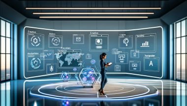 Futuristischer Arbeitsplatz für digitale Vermarktung mit Computeranzeigen für Analytics, KI-Checklisten, Plista-Icons und kreativen Anzeigenvorschauen.