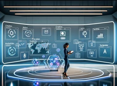 Futuristischer Arbeitsplatz für digitale Vermarktung mit Computeranzeigen für Analytics, KI-Checklisten, Plista-Icons und kreativen Anzeigenvorschauen.