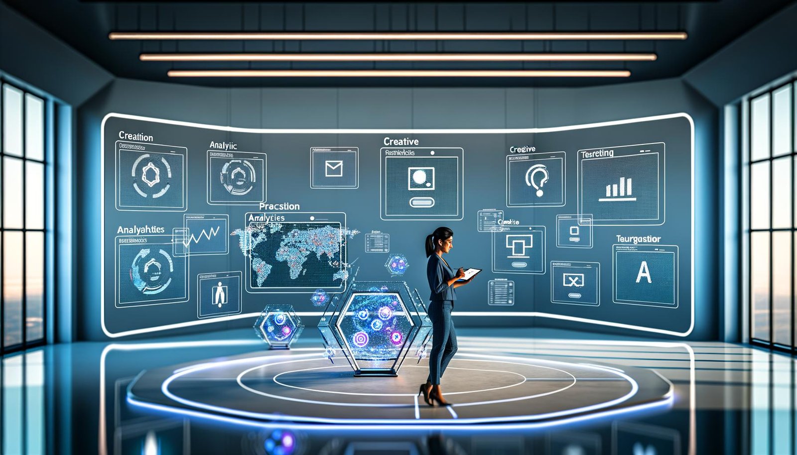 Futuristischer Arbeitsplatz für digitale Vermarktung mit Computeranzeigen für Analytics, KI-Checklisten, Plista-Icons und kreativen Anzeigenvorschauen.