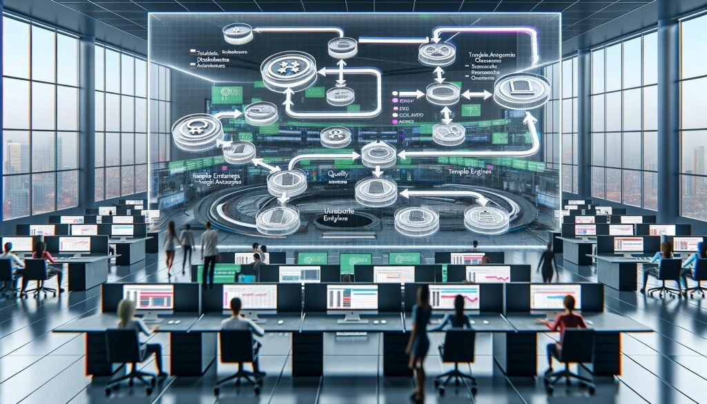 Futuristischer Büroraum mit riesiger transparenter Leinwand, die ein Automation-Flowchart zeigt. Im Hintergrund Marketer an Workstations mit digitalen Dashboards und Echtzeit-Performance-Grafiken.