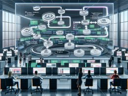 Futuristischer Büroraum mit riesiger transparenter Leinwand, die ein Automation-Flowchart zeigt. Im Hintergrund Marketer an Workstations mit digitalen Dashboards und Echtzeit-Performance-Grafiken.