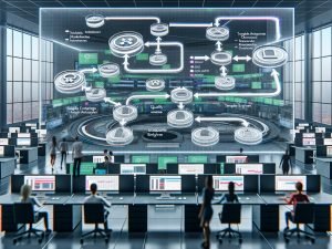 Futuristischer Büroraum mit riesiger transparenter Leinwand, die ein Automation-Flowchart zeigt. Im Hintergrund Marketer an Workstations mit digitalen Dashboards und Echtzeit-Performance-Grafiken.