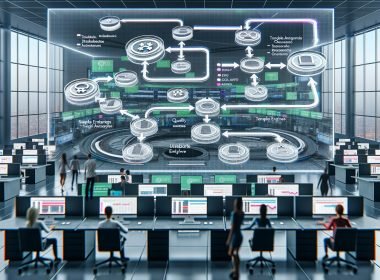 Futuristischer Büroraum mit riesiger transparenter Leinwand, die ein Automation-Flowchart zeigt. Im Hintergrund Marketer an Workstations mit digitalen Dashboards und Echtzeit-Performance-Grafiken.
