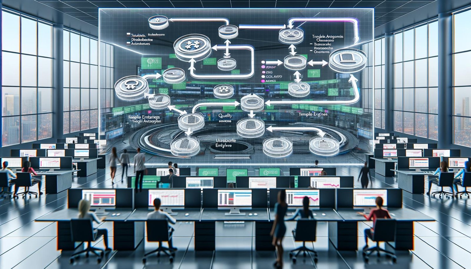 Futuristischer Büroraum mit riesiger transparenter Leinwand, die ein Automation-Flowchart zeigt. Im Hintergrund Marketer an Workstations mit digitalen Dashboards und Echtzeit-Performance-Grafiken.
