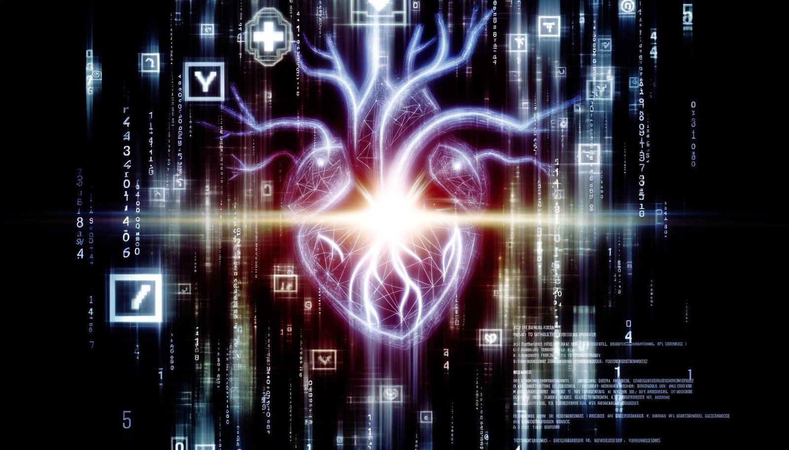 Futuristische, dunkel gestaltete Titelseite mit leuchtender Datenader, digitalem Herz, Datenchips, Dashboards, Zahlenreihen und verschwommenen Daten-Elementen im Hintergrund