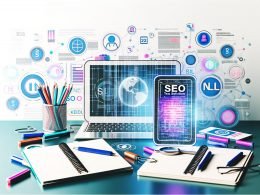 Modernes Titelbild mit Laptop am Schreibtisch, darauf SEO-Datenvisualisierungen, umgeben von SEO-Tools, Fachbüchern und Hologramm-Symbolen für KI, NLP und technische SEO.