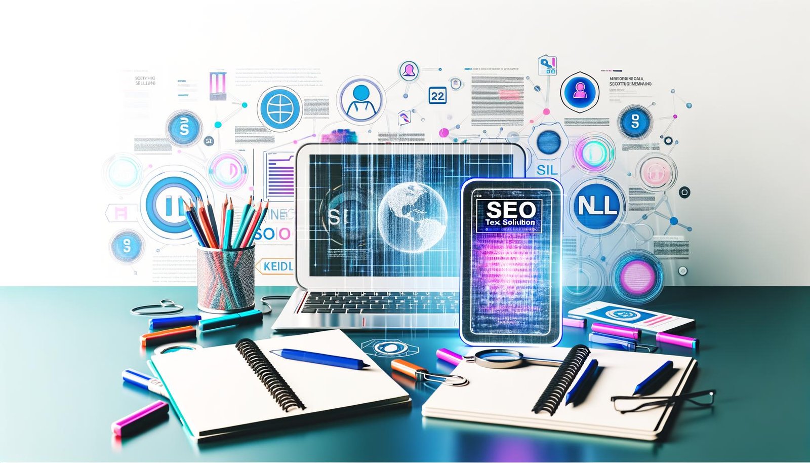 Modernes Titelbild mit Laptop am Schreibtisch, darauf SEO-Datenvisualisierungen, umgeben von SEO-Tools, Fachbüchern und Hologramm-Symbolen für KI, NLP und technische SEO.