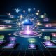 Futuristische Illustration eines leuchtenden Datennetzwerks mit Smartphone, Tablet und Laptop, verbunden durch Lichtlinien und schwebenden, auf Geräte angepassten Werbeanzeigen. Im Hintergrund KI-Algorithmen und Semantikwolken in Blau-, Lila- und Cyan-Tönen.