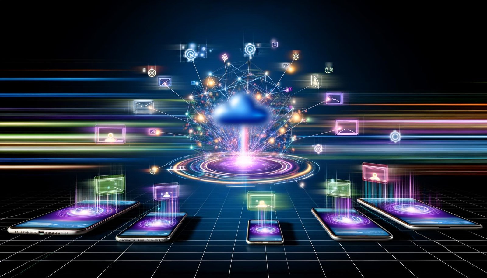 Futuristische Illustration eines leuchtenden Datennetzwerks mit Smartphone, Tablet und Laptop, verbunden durch Lichtlinien und schwebenden, auf Geräte angepassten Werbeanzeigen. Im Hintergrund KI-Algorithmen und Semantikwolken in Blau-, Lila- und Cyan-Tönen.