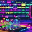 Dynamische Collage aus Smartphone-Timeline, Videos, Audio-Wellen, kreativem Mikrofon und trendigen Social-Media-Elementen an einem farbig beleuchteten Arbeitsplatz.