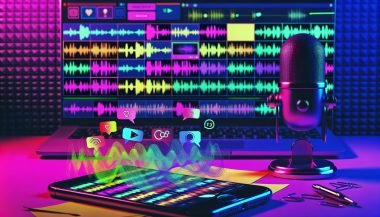 Dynamische Collage aus Smartphone-Timeline, Videos, Audio-Wellen, kreativem Mikrofon und trendigen Social-Media-Elementen an einem farbig beleuchteten Arbeitsplatz.