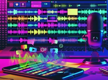 Dynamische Collage aus Smartphone-Timeline, Videos, Audio-Wellen, kreativem Mikrofon und trendigen Social-Media-Elementen an einem farbig beleuchteten Arbeitsplatz.