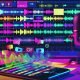 Dynamische Collage aus Smartphone-Timeline, Videos, Audio-Wellen, kreativem Mikrofon und trendigen Social-Media-Elementen an einem farbig beleuchteten Arbeitsplatz.