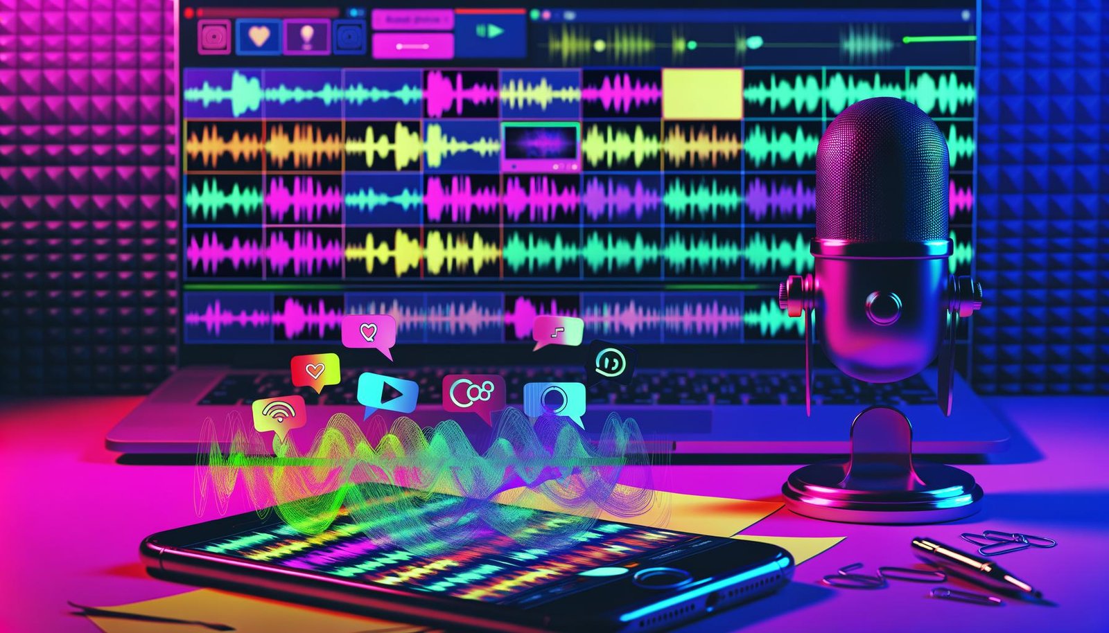 Dynamische Collage aus Smartphone-Timeline, Videos, Audio-Wellen, kreativem Mikrofon und trendigen Social-Media-Elementen an einem farbig beleuchteten Arbeitsplatz.
