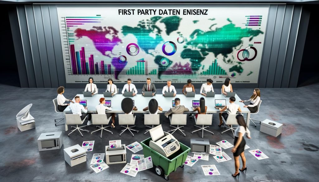 Marketingteam in einem modernen Büro analysiert farbenfrohe Datencharts und User Journey Maps an einem Bildschirm. Im Hintergrund wird ein Faxgerät entsorgt, die Atmosphäre wirkt innovativ und technikorientiert.