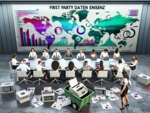 Marketingteam in einem modernen Büro analysiert farbenfrohe Datencharts und User Journey Maps an einem Bildschirm. Im Hintergrund wird ein Faxgerät entsorgt, die Atmosphäre wirkt innovativ und technikorientiert.