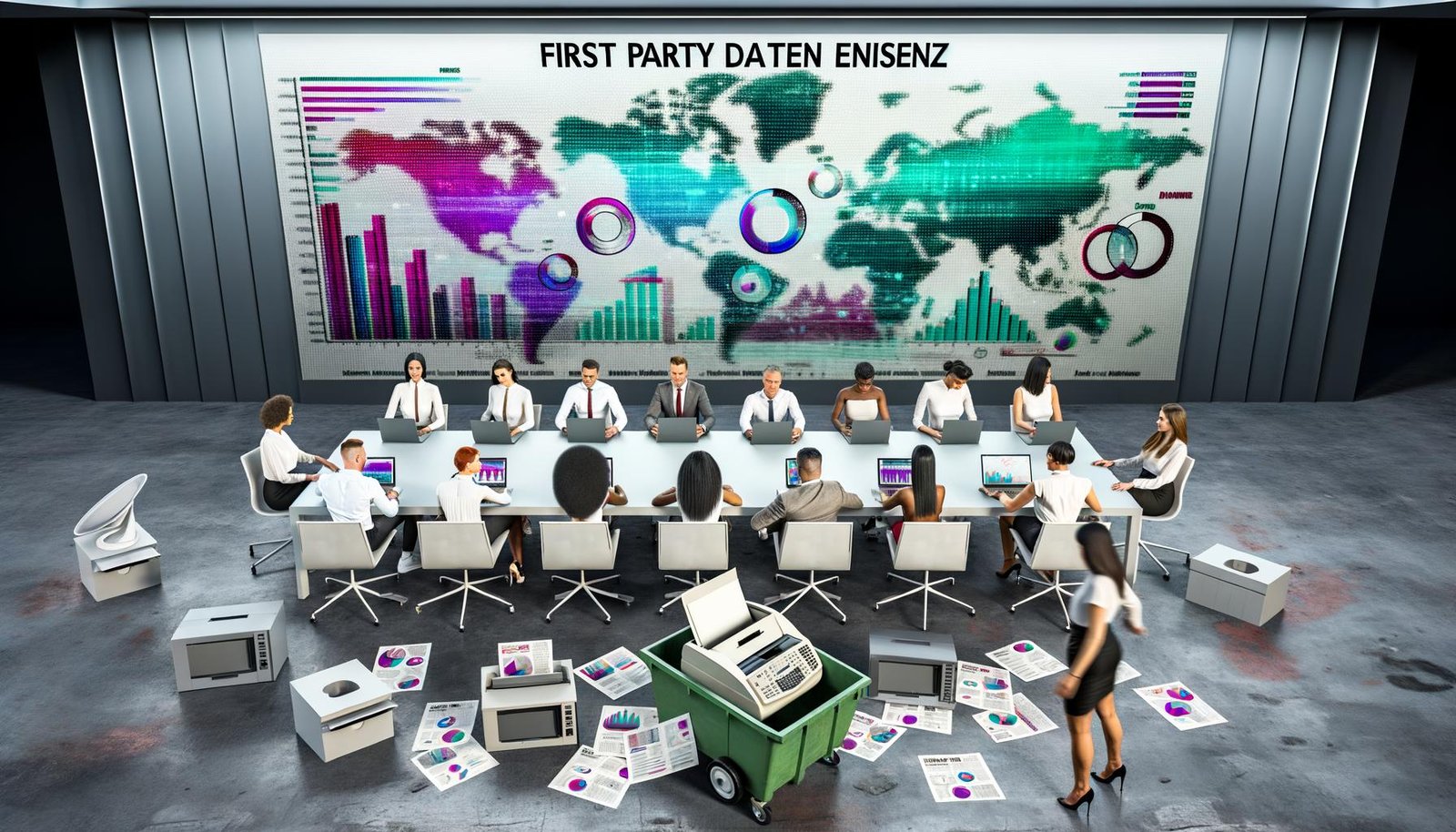 Marketingteam in einem modernen Büro analysiert farbenfrohe Datencharts und User Journey Maps an einem Bildschirm. Im Hintergrund wird ein Faxgerät entsorgt, die Atmosphäre wirkt innovativ und technikorientiert.