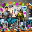 Ein Arbeitsplatz mit vielen Festplatten, Post-its, Dashboards, Notizen und einer Person, die am Whiteboard eine Datennutzungsstrategie erklärt, während ein Kollege einen USB-Stick hochhält.