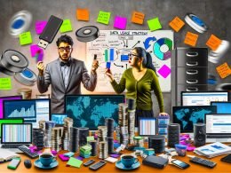 Ein Arbeitsplatz mit vielen Festplatten, Post-its, Dashboards, Notizen und einer Person, die am Whiteboard eine Datennutzungsstrategie erklärt, während ein Kollege einen USB-Stick hochhält.