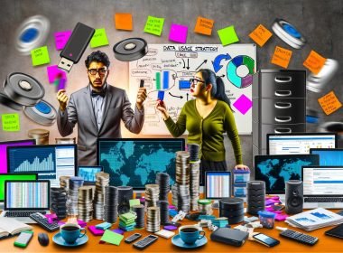 Ein Arbeitsplatz mit vielen Festplatten, Post-its, Dashboards, Notizen und einer Person, die am Whiteboard eine Datennutzungsstrategie erklärt, während ein Kollege einen USB-Stick hochhält.