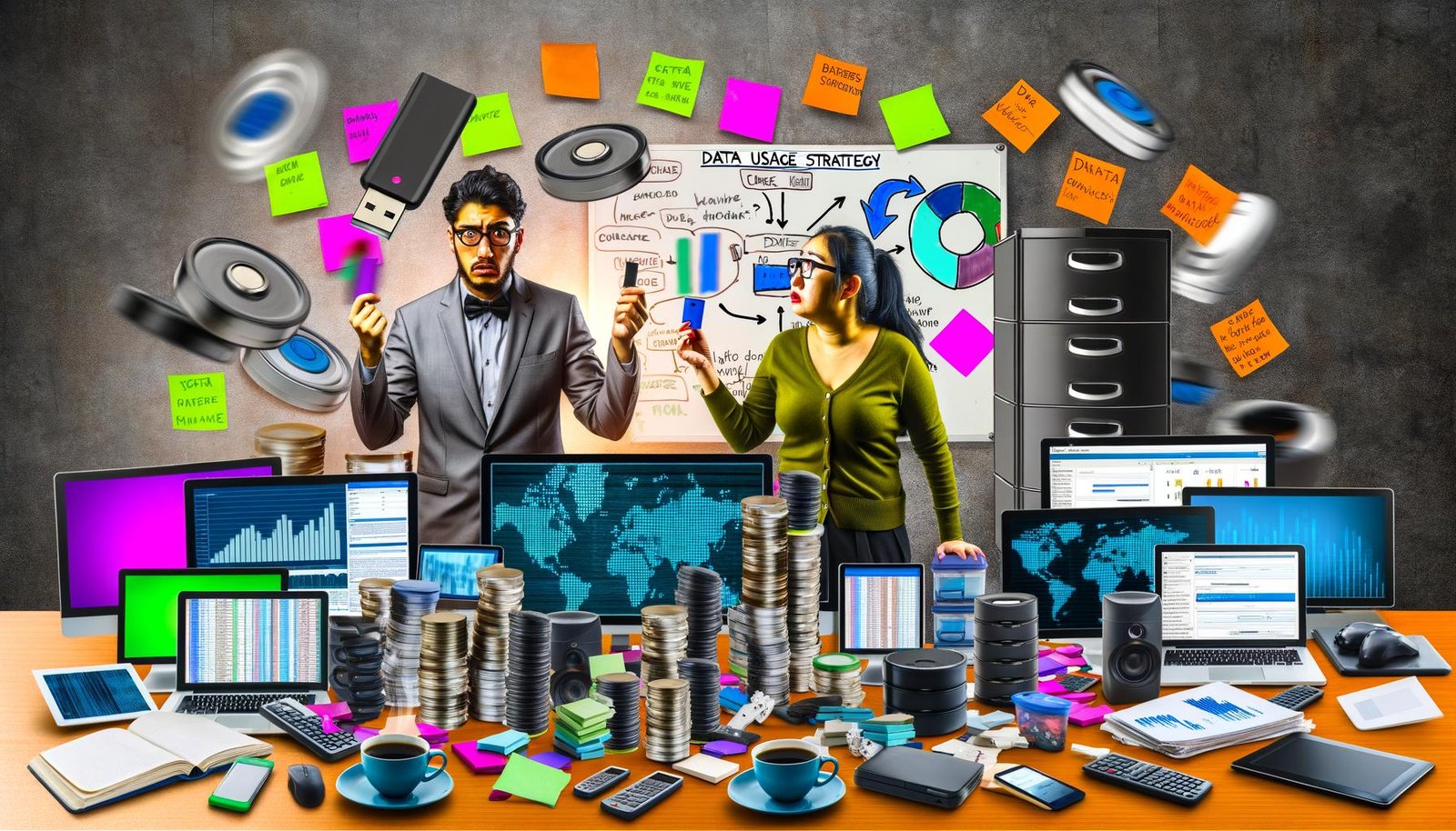 Ein Arbeitsplatz mit vielen Festplatten, Post-its, Dashboards, Notizen und einer Person, die am Whiteboard eine Datennutzungsstrategie erklärt, während ein Kollege einen USB-Stick hochhält.