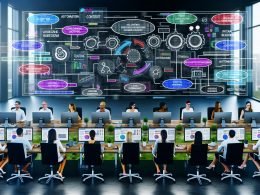 Redaktionsteam arbeitet in einem modernen Büro an großen Monitoren mit Flowcharts, Dashboards und SEO-Prozessen, umgeben von technischen Icons für Automatisierung und Tools.