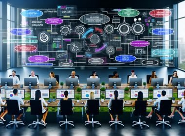 Redaktionsteam arbeitet in einem modernen Büro an großen Monitoren mit Flowcharts, Dashboards und SEO-Prozessen, umgeben von technischen Icons für Automatisierung und Tools.