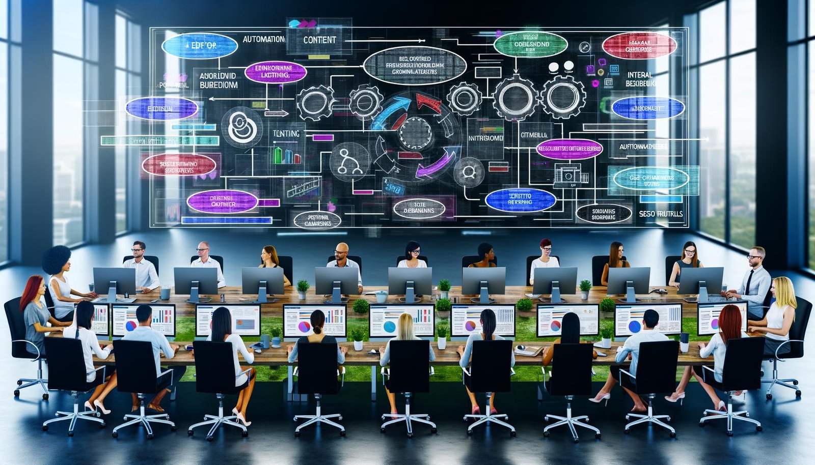 Redaktionsteam arbeitet in einem modernen Büro an großen Monitoren mit Flowcharts, Dashboards und SEO-Prozessen, umgeben von technischen Icons für Automatisierung und Tools.