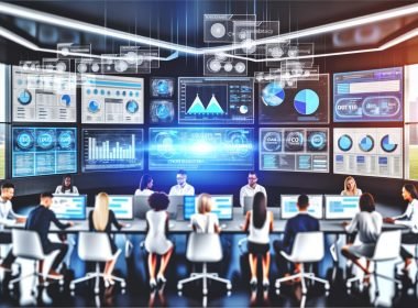 Marketer und Datenanalysten analysieren digitale Werbekampagnen an modernen Arbeitsplätzen mit Echtzeit-Dashboards und Machine-Learning-Optimierung für digitale Banner.