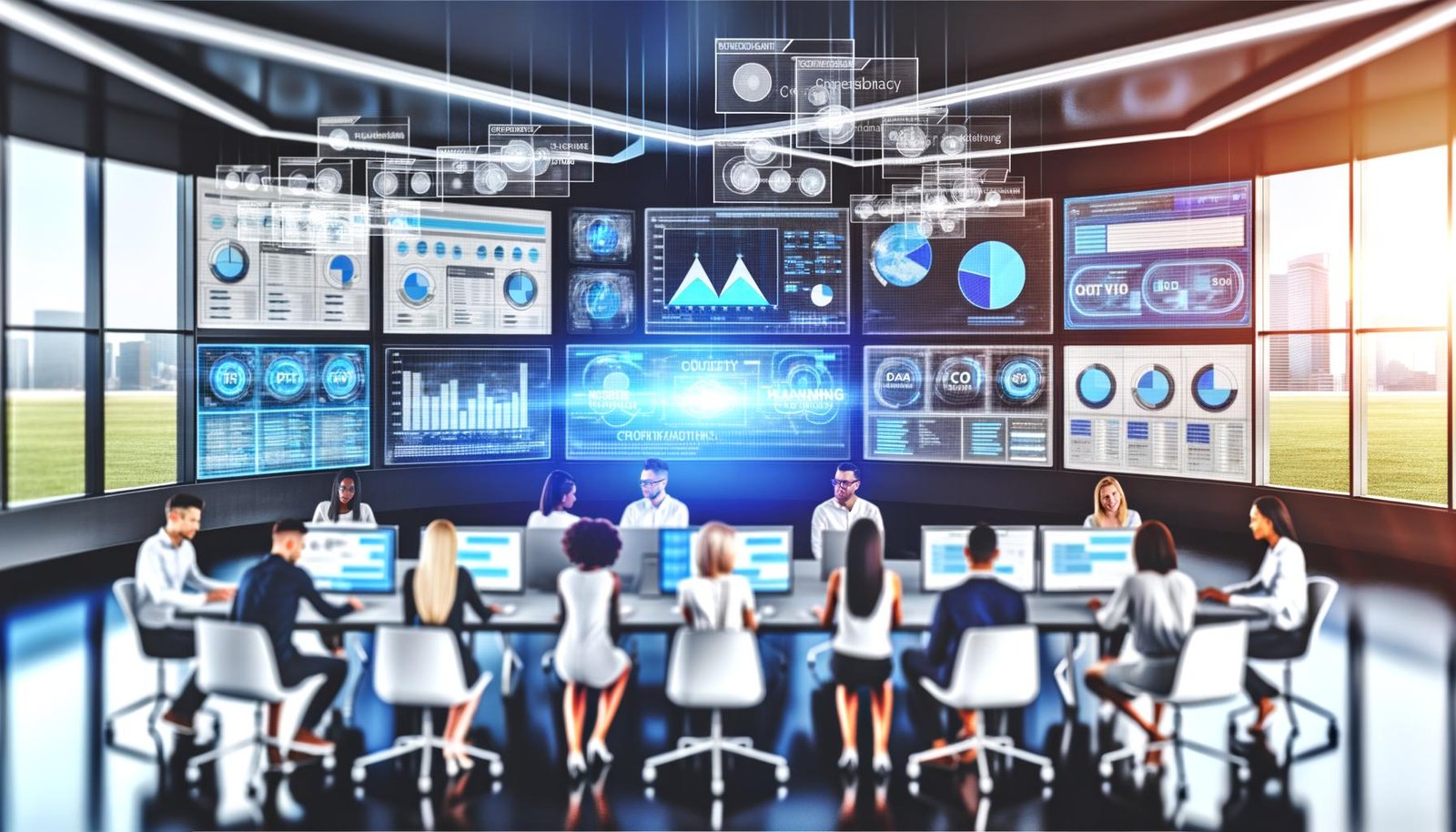 Marketer und Datenanalysten analysieren digitale Werbekampagnen an modernen Arbeitsplätzen mit Echtzeit-Dashboards und Machine-Learning-Optimierung für digitale Banner.