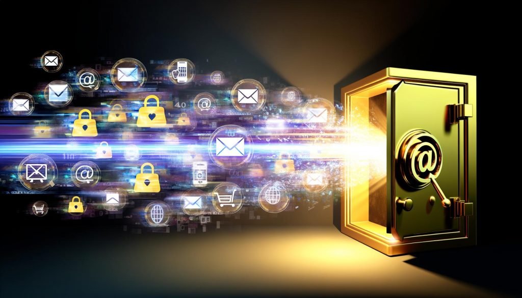 Goldener Tresor mit offenen Türen, aus dem Datenströme, Nutzer-Avatare und digitale Symbole wie E-Mail, Smartphone und Einkaufswagen strömen. Im Hintergrund fragmentierte, verschwindende Third-Party-Cookie-Icons und Social-Media-Logos, dominiert von leuchtenden First-Party-Daten.