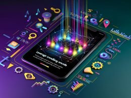 Modernes Magazin-Titelbild mit Smartphone, YouTube Shorts-Videos, farbenfrohen Soundwellen, Symbolen für Datenanalyse, Algorithmus und Trends. Darüber digitaler Schriftzug: Shorts Trending Sounds nutzen – Erfolg smart planen.