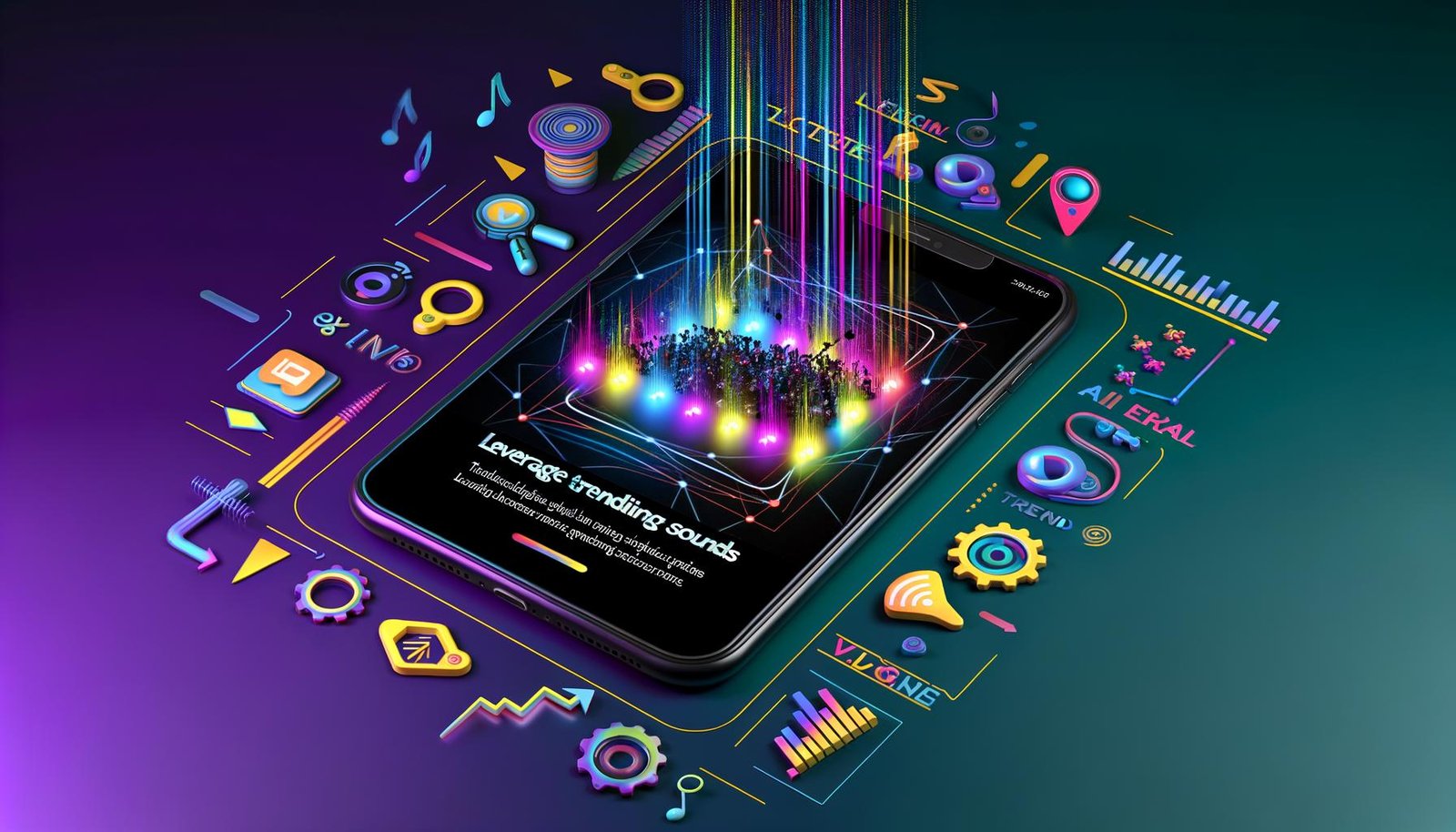 Modernes Magazin-Titelbild mit Smartphone, YouTube Shorts-Videos, farbenfrohen Soundwellen, Symbolen für Datenanalyse, Algorithmus und Trends. Darüber digitaler Schriftzug: Shorts Trending Sounds nutzen – Erfolg smart planen.