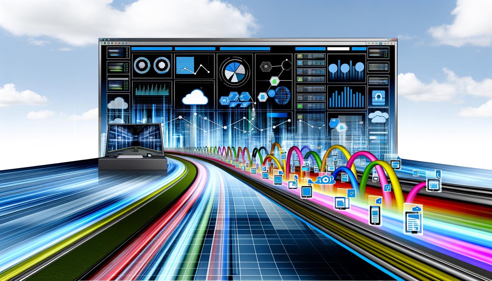 Stilisierter Computerarbeitsplatz mit mehreren leuchtenden Dashboards, die komplexe Datenvisualisierungen und automatisierte Insights für effizientes Online-Marketing anzeigen. Verschiedene Datenquellen sind durch farbige Datenströme digital verbunden, im Hintergrund eine innovative Stadt-Silhouette.