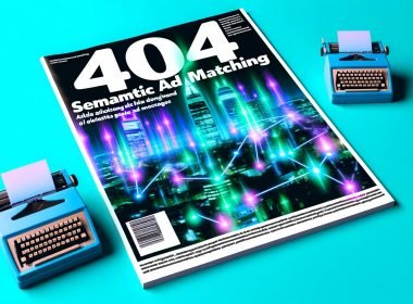 Futuristisches Editorial-Titelbild einer modernen Großstadt bei Nacht, mit digitalen Hologrammen, Datenströmen und dem Schriftzug SEMANTIC AD MATCHING, daneben eine verblassende Faxmaschine.
