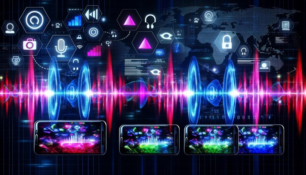 Futuristische Illustration von vier Smartphones mit TikTok, Instagram Reels und YouTube Shorts, kombiniert mit leuchtenden Soundwellen und datengesteuerten Elementen im Hintergrund.