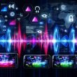 Futuristische Illustration von vier Smartphones mit TikTok, Instagram Reels und YouTube Shorts, kombiniert mit leuchtenden Soundwellen und datengesteuerten Elementen im Hintergrund.