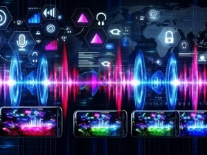 Futuristische Illustration von vier Smartphones mit TikTok, Instagram Reels und YouTube Shorts, kombiniert mit leuchtenden Soundwellen und datengesteuerten Elementen im Hintergrund.